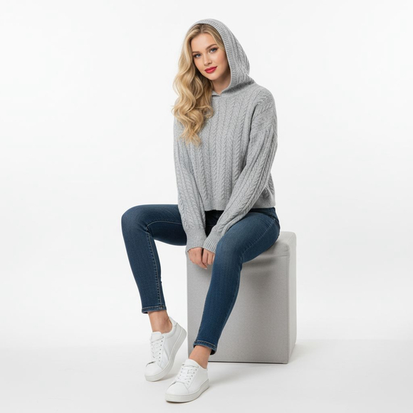 EXPRESS Tops - Express Medium Grey Cable Knit Cropped Hoodie Sweater